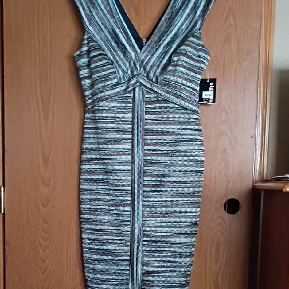 Robbie Bee Blue and Gray Striped Midi Dress